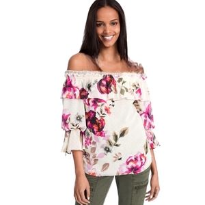White House Black Market Off Shoulder Floral Chiffon Blouse w/3/4 Puffed…